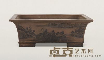 清早期·紫泥墨彩山水长方盆 54×33×19.5cm