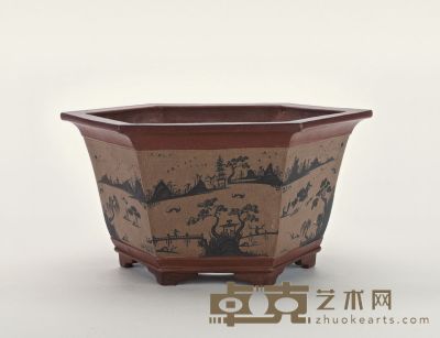 清中期·黑泥绘山水紫泥六方盆 47×23cm