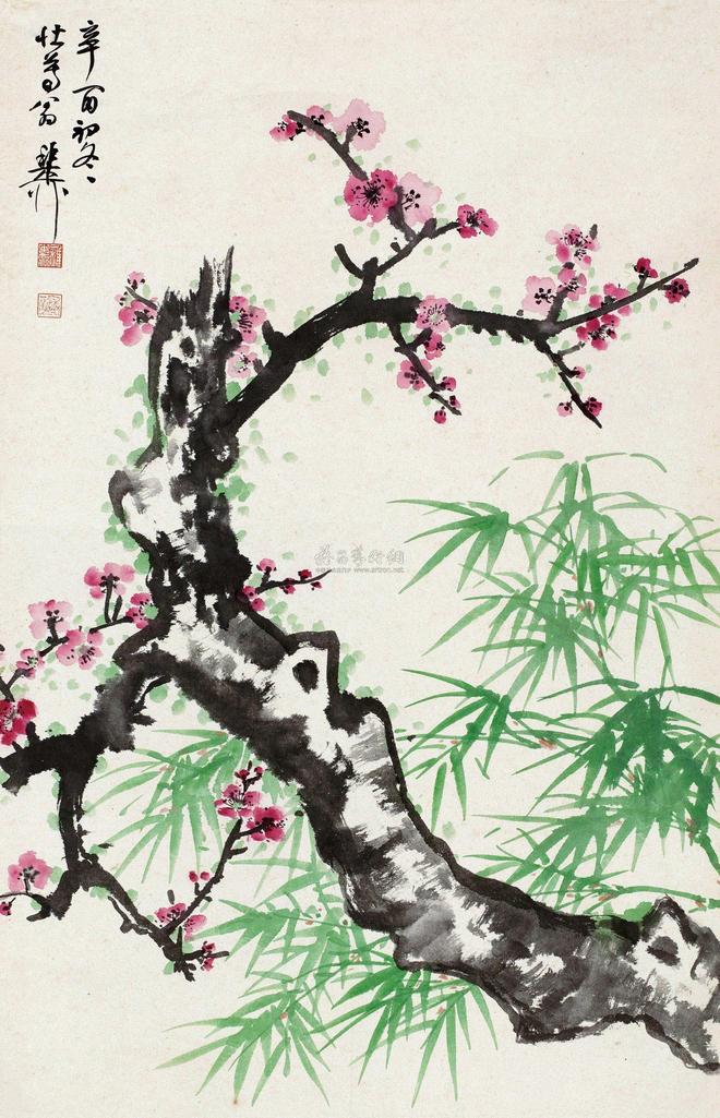 谢稚柳 辛酉（1981）年作 红梅绿竹 立轴