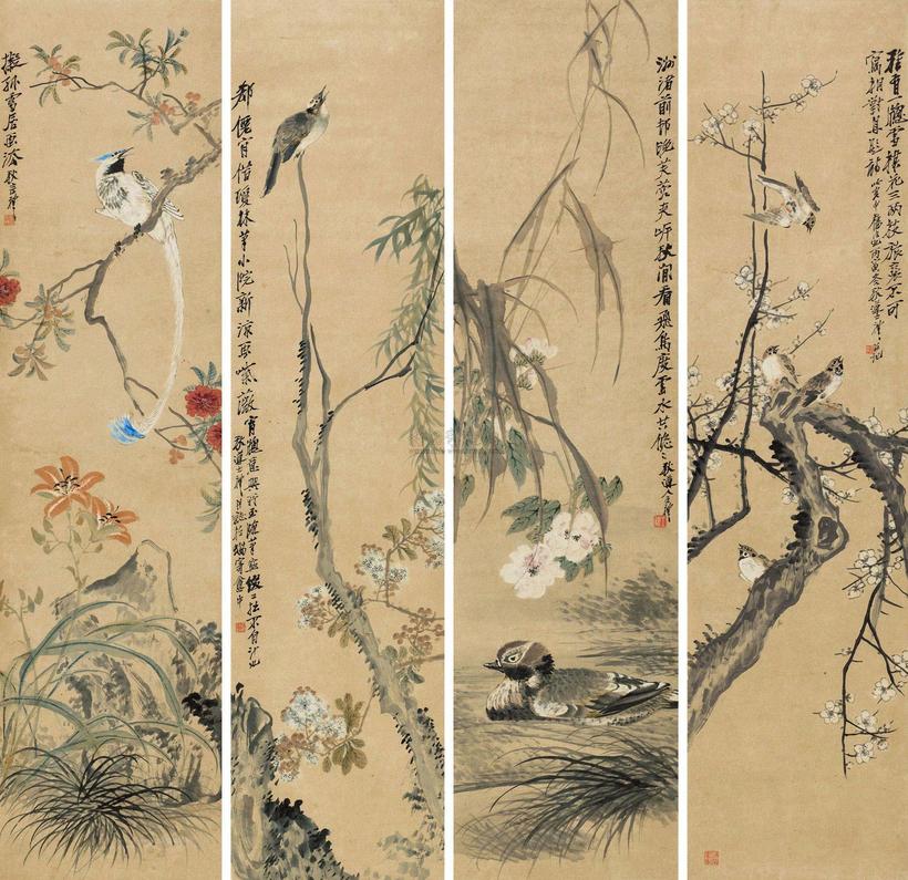 王礼 丙寅（1866）年作 四季花鸟屏 立轴