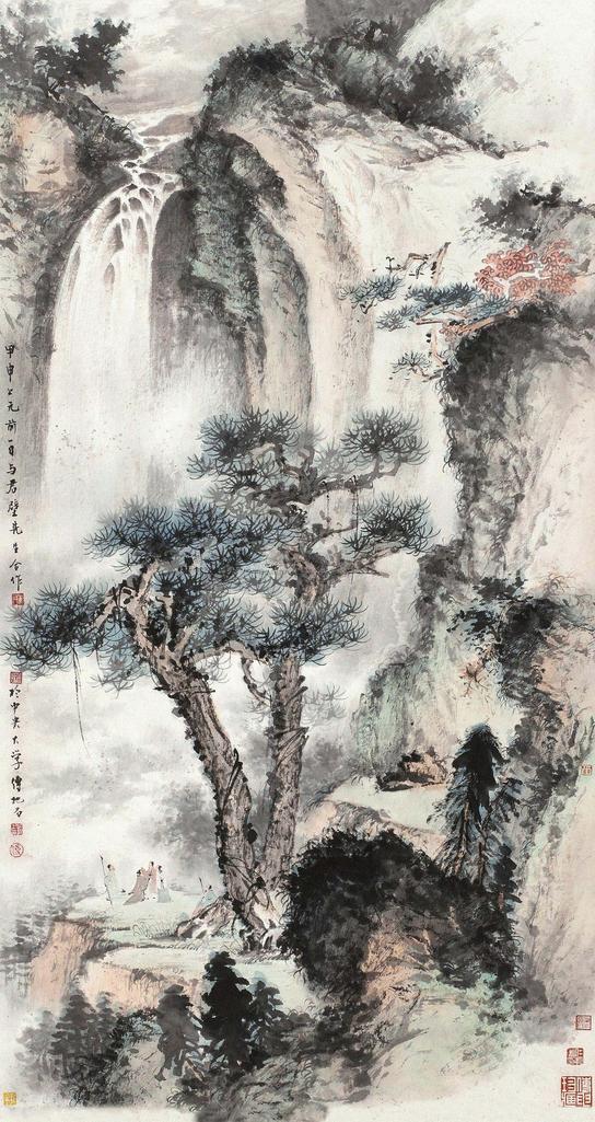 傅抱石 黄君璧 甲申（1944）年作 遥看瀑布挂前川 立轴