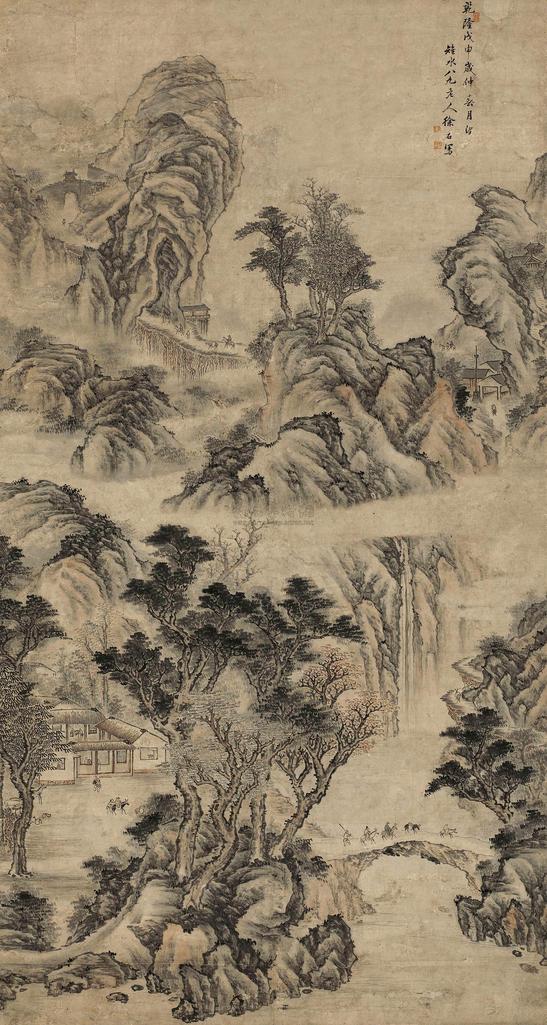 徐石 乾隆戊申（1788）年作 溪山行旅图 立轴