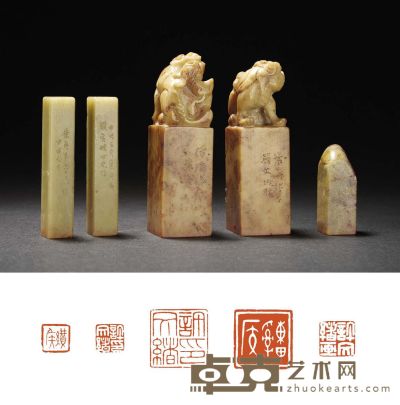 叶为铭刻青田、昌化石章五方 2.6×2.6×8.2cm
