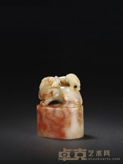 寿山红花芙蓉石子母狮钮章 6.7×4.8×6.5cm