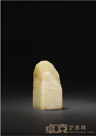 寿山白芙蓉石雕山水薄意章 4×4×8.5cm