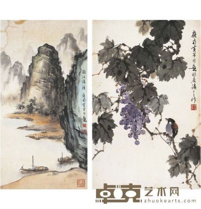 黄幻吾 漓江归棹图·翠鸟葡萄图 67×43cm 69.5×35.5cm