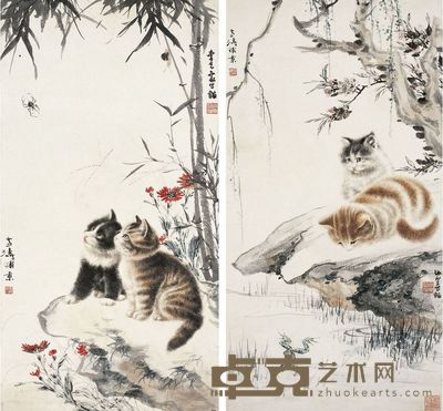 王雪涛 曹克家 双猫图 65.5×34cm 65×34cm×3