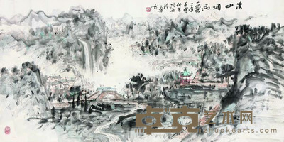 朱恒 1991年作 溪山烟雨 镜框 52×100cm