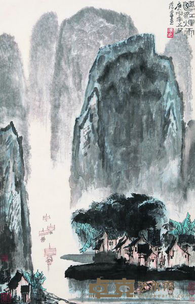 张步 1980年作 漓江烟雨 镜框 96×62cm
