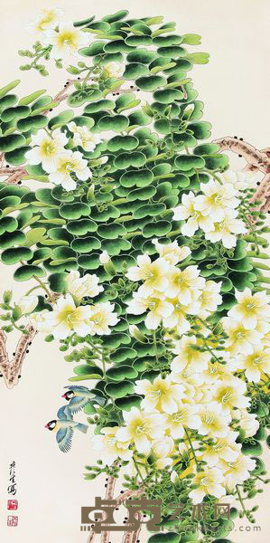 周彦生 工笔花鸟 镜框 110×55cm