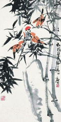 陆抑非 竹雀图 立轴
