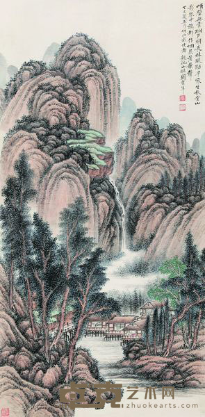 周乔年 1917年作 设色山水 立轴 131×68cm