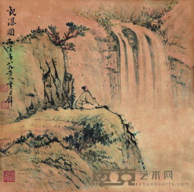 黄君璧 1986年作 观瀑图 镜框 30×30cm