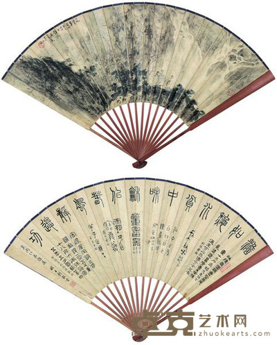 傅抱石 刘毅官 1963年作 山水 书法 成扇 18×50cm×2