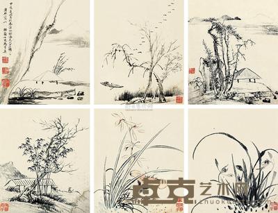 马守真 仿元人花卉 册页 （十二开选六） 24×20.5cm×12