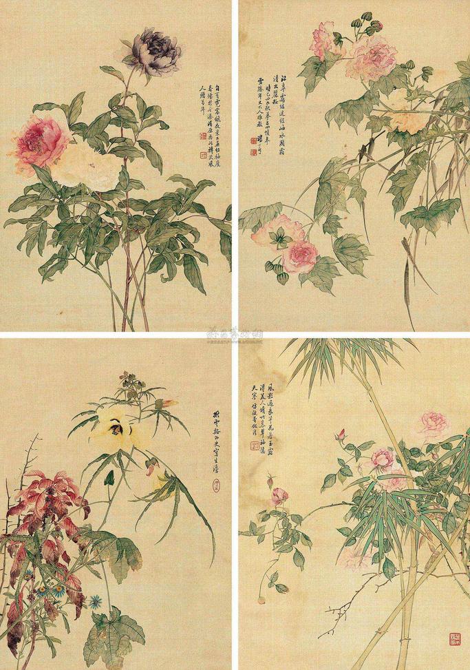 汤世澍 己丑（1889）年作 红芍四帧 （四件） 屏轴
