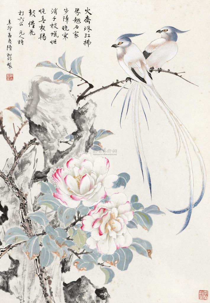 陆抑非 1951年作 富贵双寿 立轴