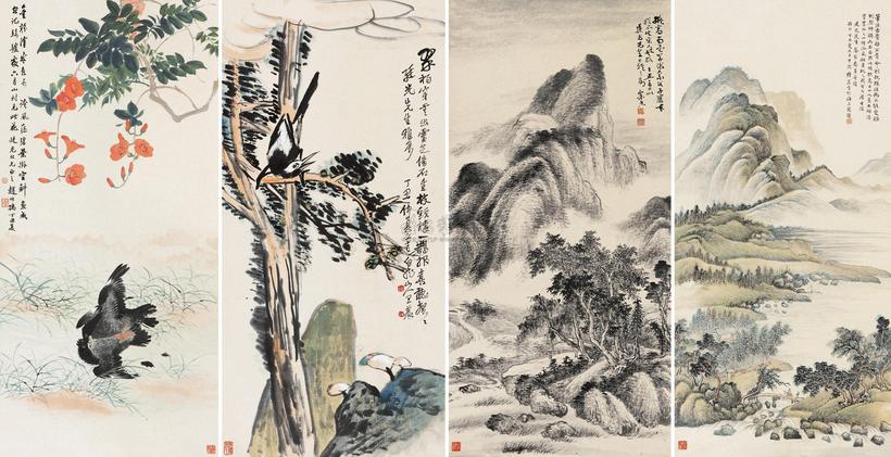 赵叔孺 王震 金粟香 陈厓 1937年作 花卉 四屏