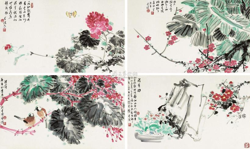 柳学健 2010年作 花卉 （四帧) 镜心