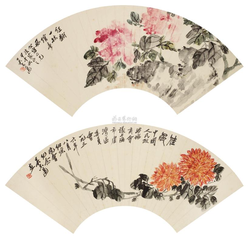 吴东迈 1956年作 花卉 （二帧） 扇面