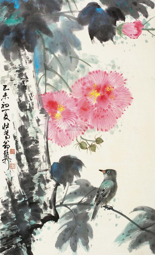 谢稚柳 己未（1979年）作 芙蓉鸣禽 立轴