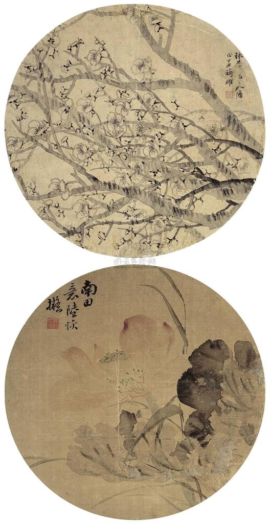 蒋确 陆恢 丁丑（1877年）作 花卉扇面 （二帧） 圆光