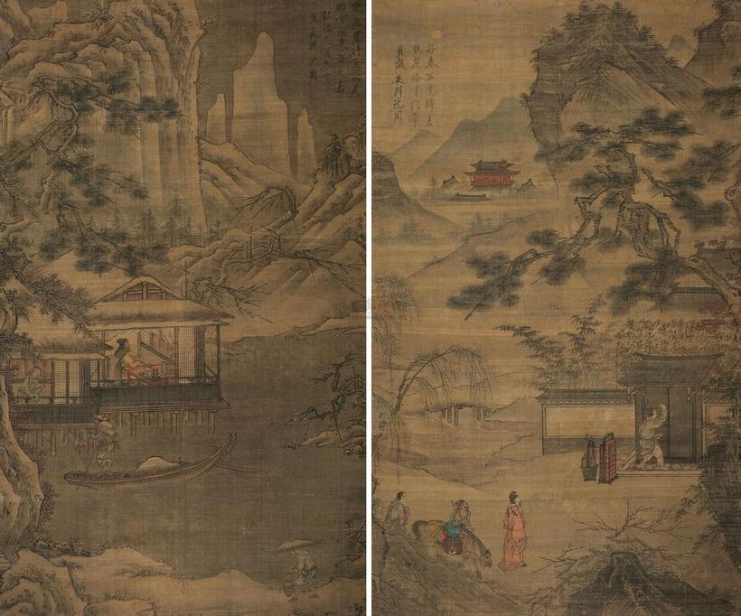 沈周 （款） 己酉（1489年）作 寒江赏雪图 春归图 对屏