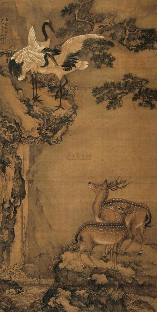 沈铨 鹿鹤同春 立轴