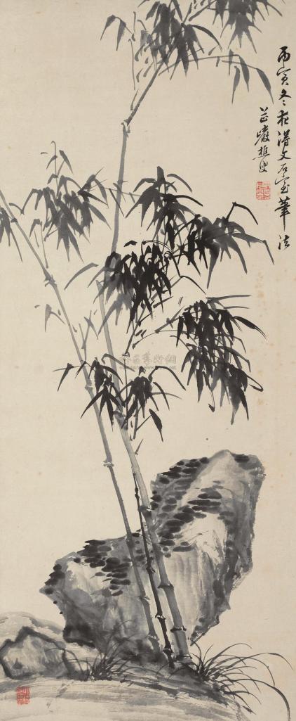 周颢 丙寅（1746年）作 竹石图 立轴