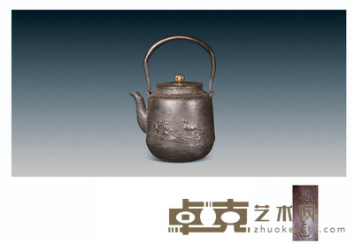 明治 龙文堂 井上造 格子纹丸型铁壶 17x18cm