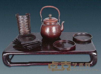 明治 茶道器具一套 / 老红木台几 鎚目紫铜壶约11.5×10×15.5cm/台几长365MM宽240MM高66MM