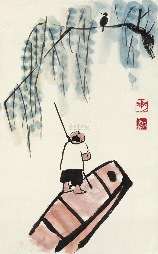 陈子庄 柳岸横舟 镜心