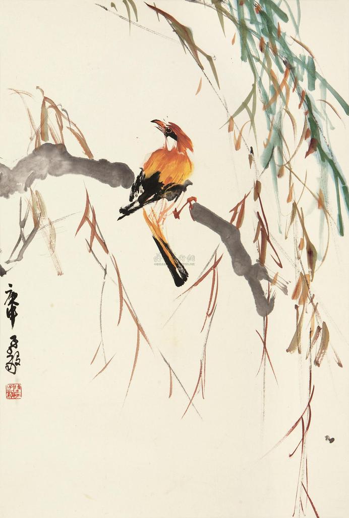 陈子毅 庚申（1980年）作 柳荫鸣禽 镜心