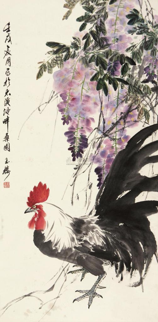 刘玉楼 壬戌（1982年）作 金鸡紫藤 立轴