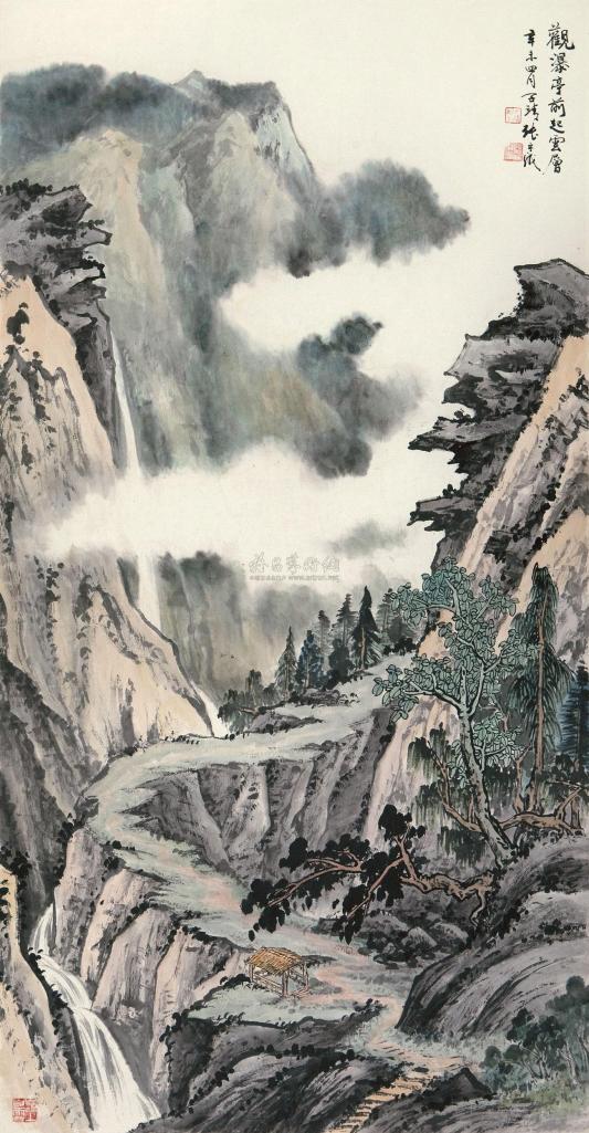 张守成 辛未（1991年）作 观瀑亭 镜心