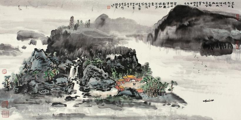 杨彦 癸未（2003年）作 深山古寺图 镜心