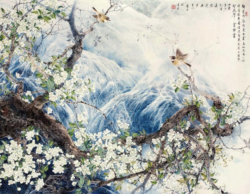 冯霖章 梨花飞瀑图 镜心