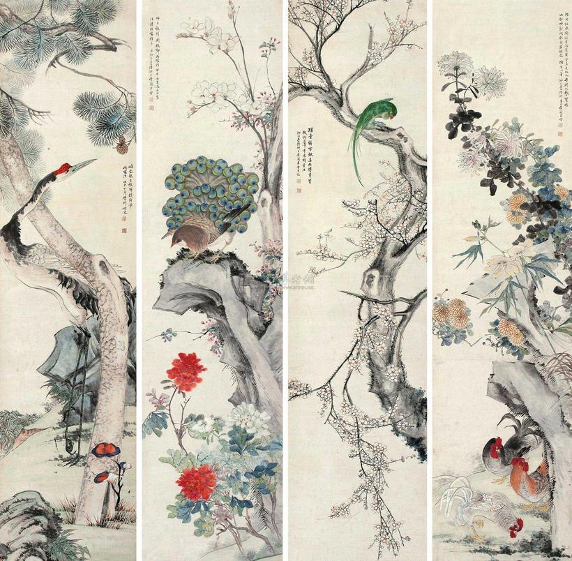 陆抑非 花鸟 四屏