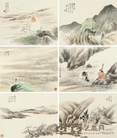 钟燮 山水人物 册页 （六开） 31×40cm