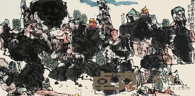 胡汀 2011年作 高山古刹图 镜心 68×136cm