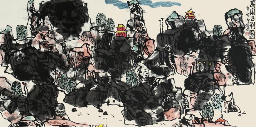 胡汀 2011年作 高山古刹图 镜心