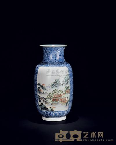 民国 粉彩开光山水纹灯笼瓶 高33cm