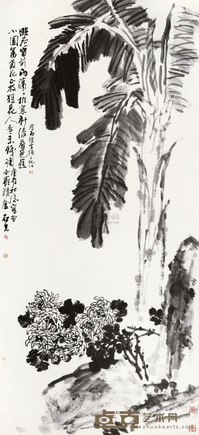 郭石夫 2000年作 芭蕉菊石图 镜心 230×104cm