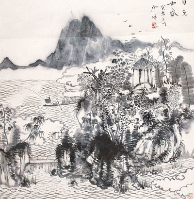 山水人物镜片