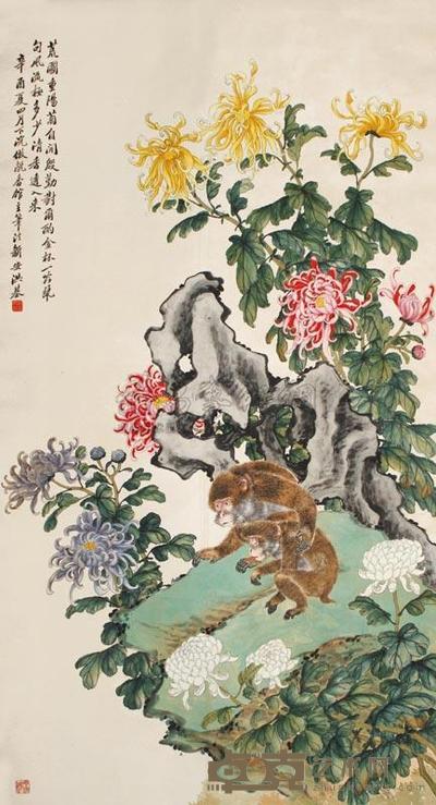 洪基 1921年作 猴戏图 立轴 149×81cm