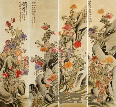 吴树本 菊石 四屏 167×44cm×4