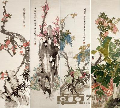 任百衍 1850年作 花鸟 四屏 170×46cm×4