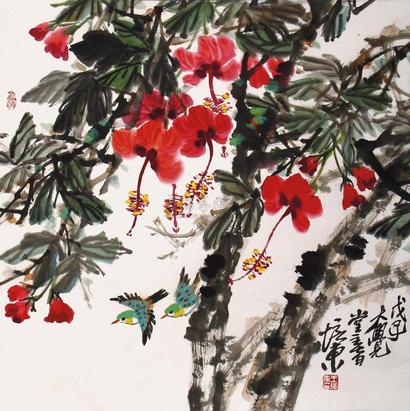 王培东 2008年作 花鸟 镜心