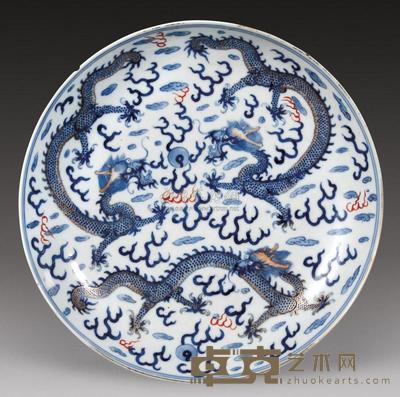 清 青花火龙描金盘 直径26.5cm