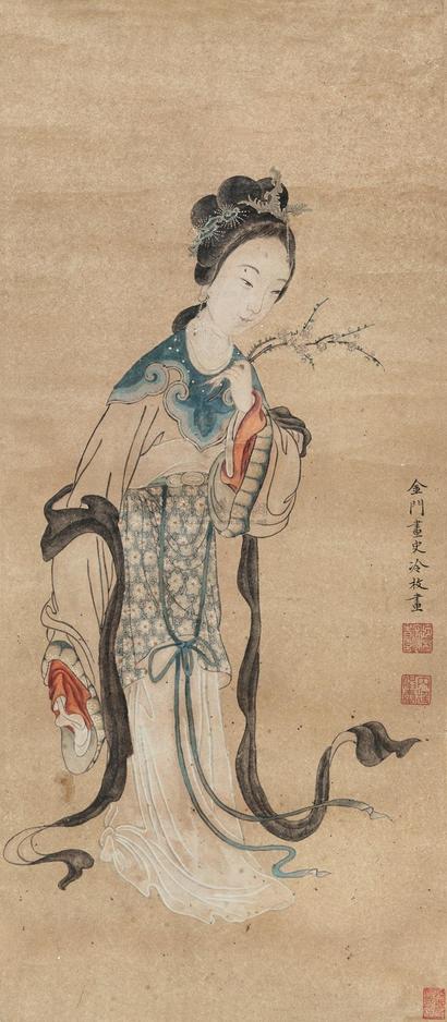 冷枚 赏梅图 立轴